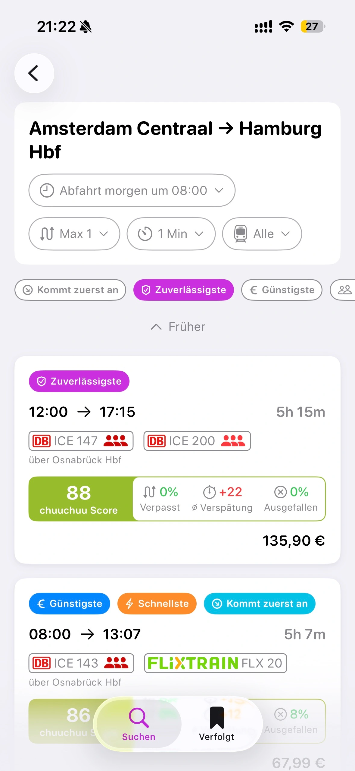 Reiseplanungsbildschirm mit Verspätungsvorhersagen
