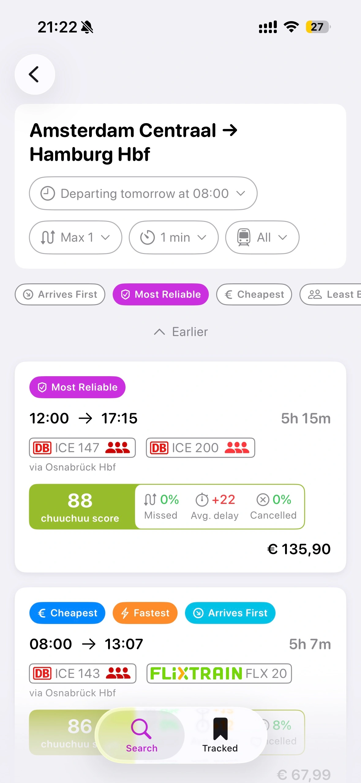 Journey planning screen with delay predictions