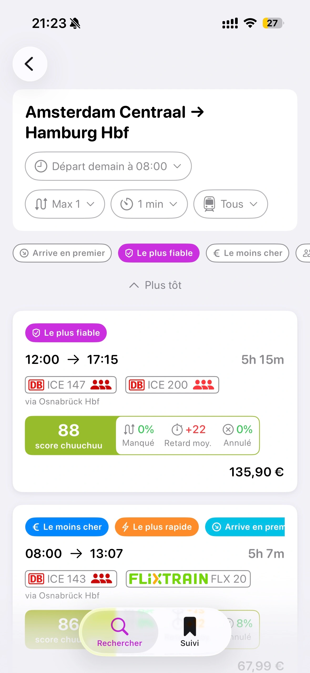 Écran de planification de trajet avec prédictions de retards