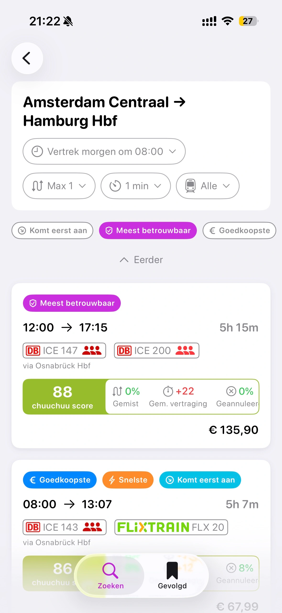 Reisplanningscherm met vertragingsvoorspellingen
